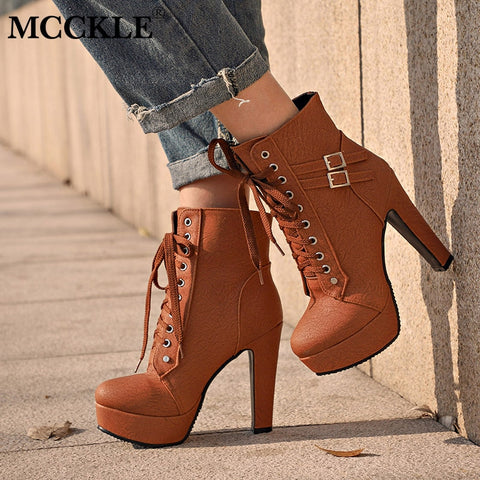 Image of MCCKLE Plus Size Ankle Boots Women Platform High Heels Female Lace Up Women's Shoes Buckle Woman Short Boot Ladies Footwear