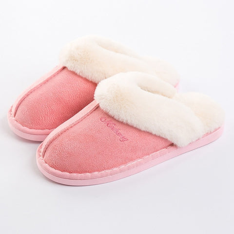 Image of Women's Slippers Winter Plus Size 43-46 Fur Slides Sewing Flat Shoes For Girl Plush Suede Keep Warm Pink Shoes Casual