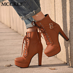 MCCKLE Plus Size Ankle Boots Women Platform High Heels Female Lace Up Women's Shoes Buckle Woman Short Boot Ladies Footwear