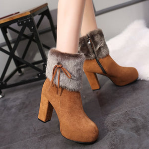 2019 winter heel snow boots for women Ankle Boots Warm Plush Snow Booties Women's Fashion Shoes High Square Heels