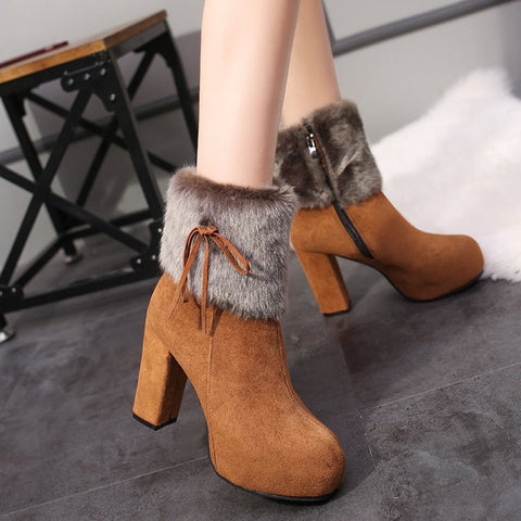 Image of 2019 winter heel snow boots for women Ankle Boots Warm Plush Snow Booties Women's Fashion Shoes High Square Heels