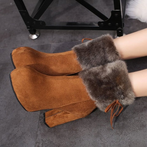 Image of 2019 winter heel snow boots for women Ankle Boots Warm Plush Snow Booties Women's Fashion Shoes High Square Heels