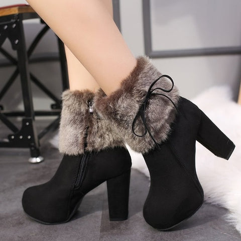 Image of 2019 winter heel snow boots for women Ankle Boots Warm Plush Snow Booties Women's Fashion Shoes High Square Heels