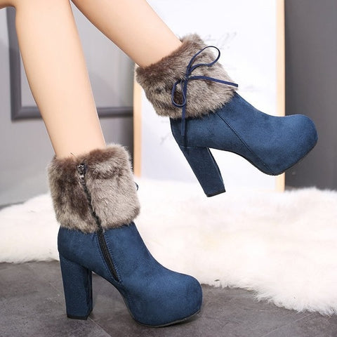 Image of 2019 winter heel snow boots for women Ankle Boots Warm Plush Snow Booties Women's Fashion Shoes High Square Heels