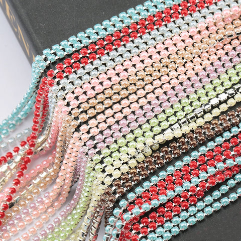 Image of New Arrivals ABS Pearl Chain SS6 2mm Silver Base Cup Colorful Pearl Chain Apparel Sewing diy Beauty Accessories