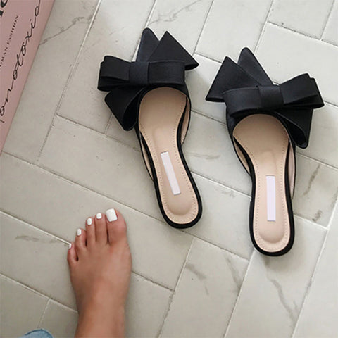 Image of 2018 spring and summer women's shoes Korean silk satin Pointed bow tie slippers Baotou flat heel sets semi slippers