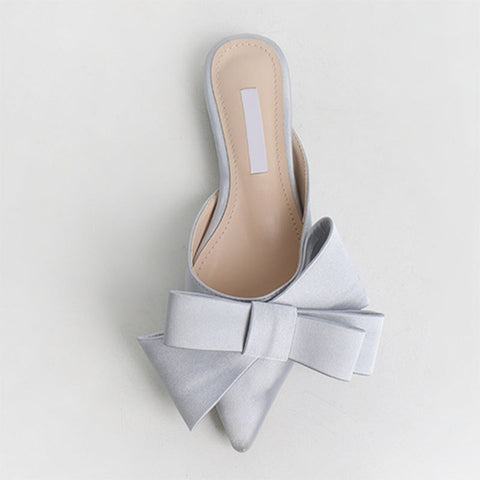 Image of 2018 spring and summer women's shoes Korean silk satin Pointed bow tie slippers Baotou flat heel sets semi slippers