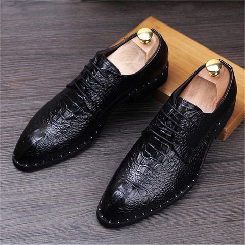 Image of Men's Crocodile Dress Leather Shoes Lace-Up Wedding Party Shoes Mens Business Office Oxfords Flats Plus Size Men Fashion